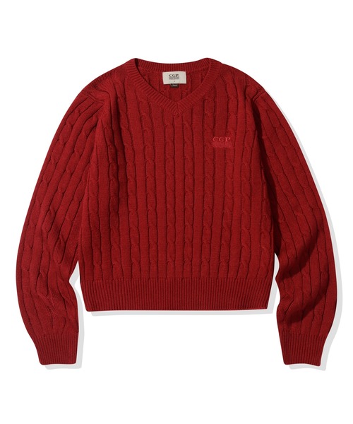 codegraphy(コードグラフィー)の「(Women) Small Square V-Neck Cable Knit CBEWWKL042(ニット/セーター・レディース・ネイビー/レッド/クリーム・SMALL/MEDIUM)」の3枚目の写真