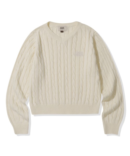 codegraphy(コードグラフィー)の「(Women) Small Square V-Neck Cable Knit CBEWWKL042(ニット/セーター・レディース・ネイビー/レッド/クリーム・SMALL/MEDIUM)」の2枚目の写真