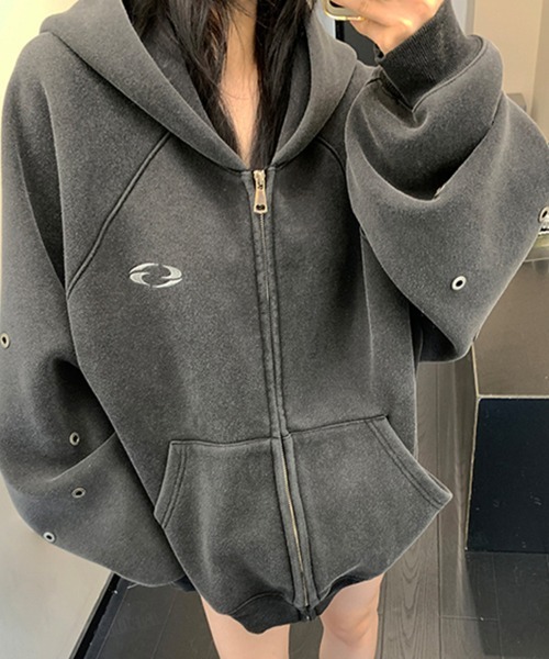 Dalfwin(ダールフィン)の「韓国ファッション パンチングデザインジップアップパーカー(パーカー・レディース・グレー/ブラック・FREE)」の10枚目の写真