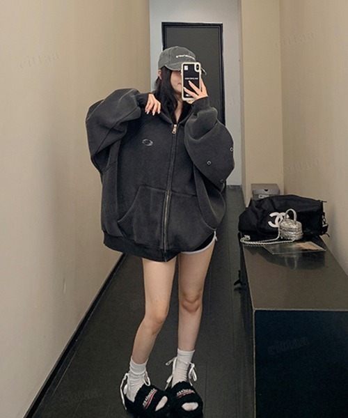 Dalfwin(ダールフィン)の「韓国ファッション パンチングデザインジップアップパーカー(パーカー・レディース・グレー/ブラック・FREE)」の12枚目の写真