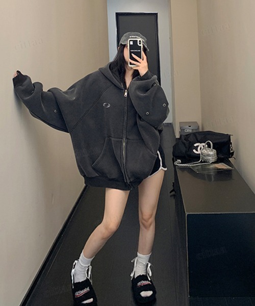 Dalfwin(ダールフィン)の「韓国ファッション パンチングデザインジップアップパーカー(パーカー・レディース・グレー/ブラック・FREE)」の14枚目の写真