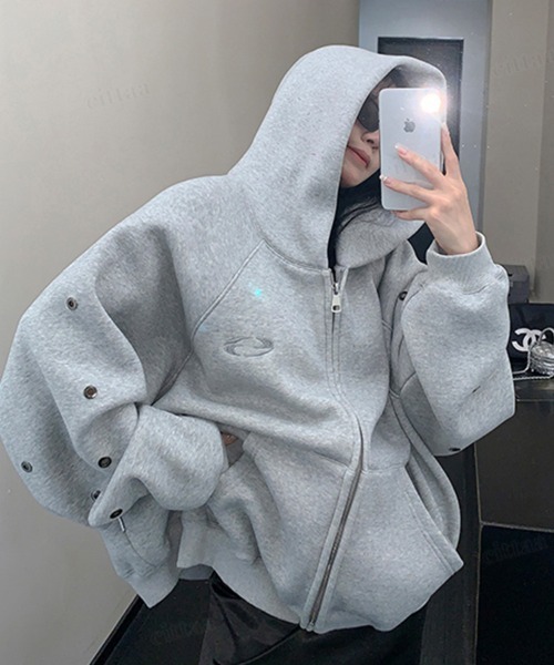 Dalfwin(ダールフィン)の「韓国ファッション パンチングデザインジップアップパーカー(パーカー・レディース・グレー/ブラック・FREE)」の16枚目の写真