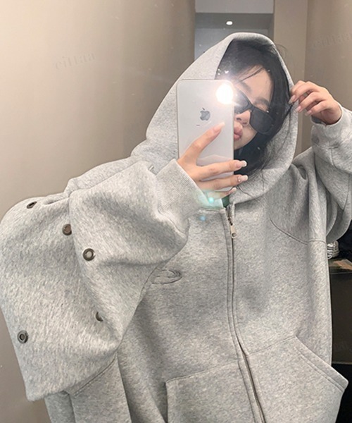 Dalfwin(ダールフィン)の「韓国ファッション パンチングデザインジップアップパーカー(パーカー・レディース・グレー/ブラック・FREE)」の18枚目の写真