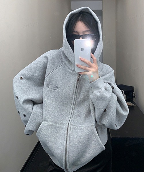 Dalfwin(ダールフィン)の「韓国ファッション パンチングデザインジップアップパーカー(パーカー・レディース・グレー/ブラック・FREE)」の19枚目の写真