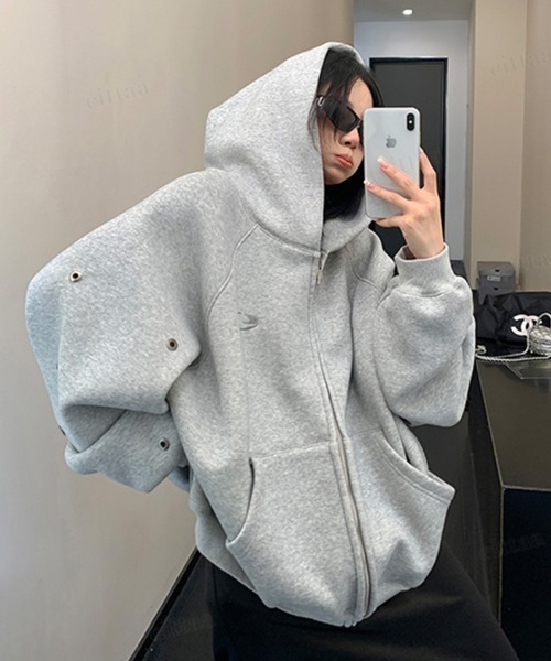 Dalfwin(ダールフィン)の「韓国ファッション パンチングデザインジップアップパーカー(パーカー・レディース・グレー/ブラック・FREE)」の21枚目の写真