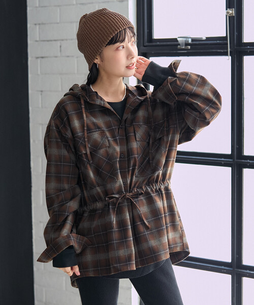 セール】フード付き チェックシャツ チュニック（シャツ/ブラウス
