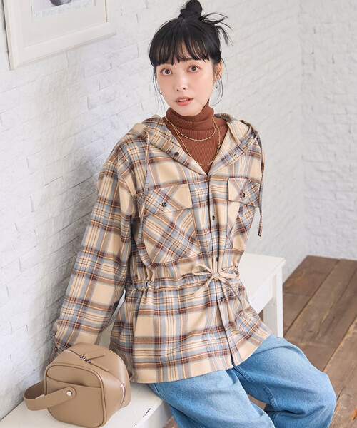 セール】フード付き チェックシャツ チュニック（シャツ/ブラウス