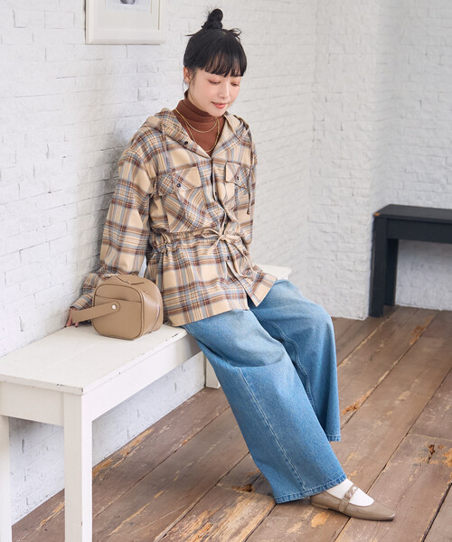 フード付き紫系チェックノースリーブチュニック セール】フード付き チェックシャツ チュニック（シャツ/ブラウス