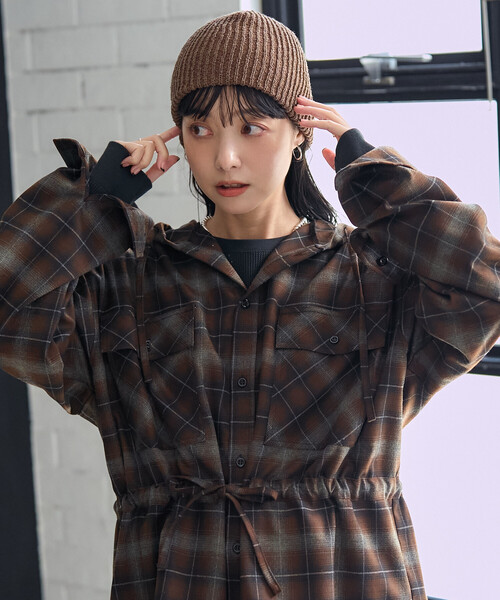 セール】フード付き チェックシャツ チュニック（シャツ/ブラウス