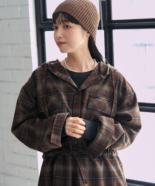 FREAK'S STORE(フリークスストア)の「フード付き チェックシャツ チュニック(シャツ/ブラウス・レディース・ブラウン/レンガ/ベージュ・フリ-)」の13枚目の写真