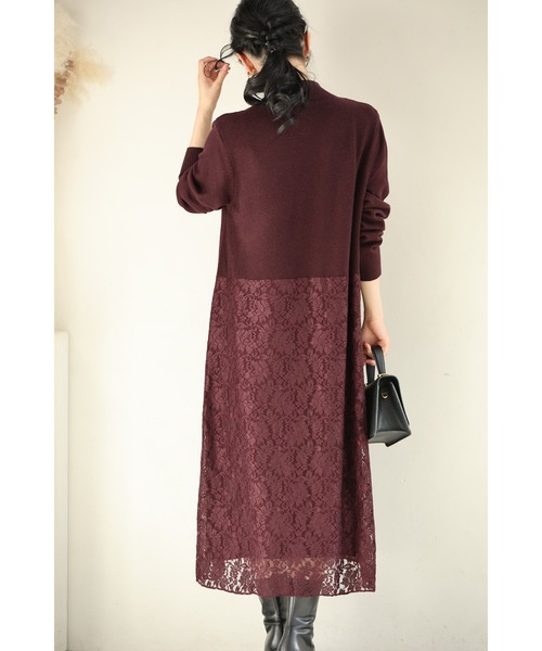 深まるボルドーのレース合わせニットミディアムワンピース（ワンピース