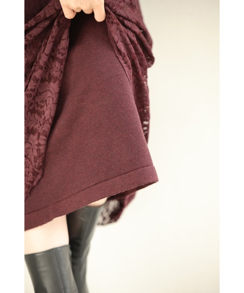 深まるボルドーのレース合わせニットミディアムワンピース（ワンピース