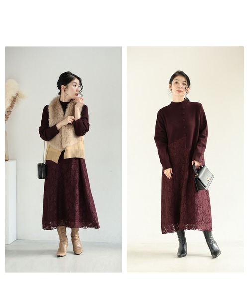 深まるボルドーのレース合わせニットミディアムワンピース（ワンピース