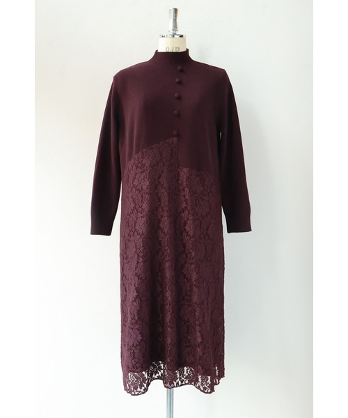 再入荷11月29日 深まるボルドーのレース合わせニットミディアムワンピース cawaii w61593ps S~2L対応 ハイネック 日常使い 上品 フォーマル 伸縮 大人可愛い おしゃれ 体型カバー レディース ファッション 30代 40代 50代 60代 深まるボルドーのレース合わせニットミディアムワンピース（ワンピース