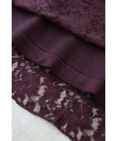 深まるボルドーのレース合わせニットミディアムワンピース（ワンピース