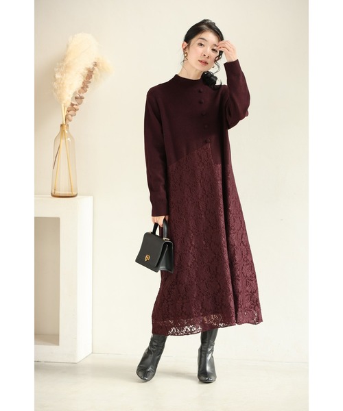 深まるボルドーのレース合わせニットミディアムワンピース（ワンピース