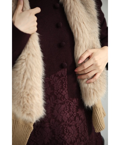 深まるボルドーのレース合わせニットミディアムワンピース（ワンピース