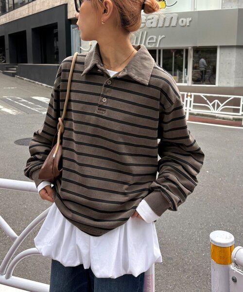 CIAOPANIC TYPY(チャオパニックティピー)の「ピグメント加工ボーダー襟付きトップス(Tシャツ/カットソー・レディース・ブラウン/イエロー/ブルー・MEDIUM/LARGE)」の2枚目の写真