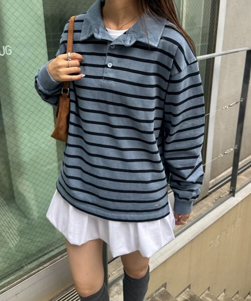 CIAOPANIC TYPY(チャオパニックティピー)の「ピグメント加工ボーダー襟付きトップス(Tシャツ/カットソー・レディース・ブラウン/イエロー/ブルー・MEDIUM/LARGE)」の6枚目の写真