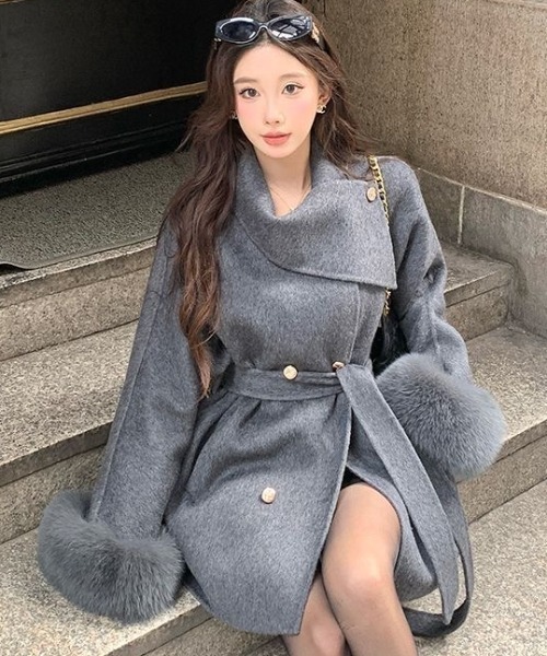 美品♡ダイアグラム エコファー ガウンコート ロング チェスター ベルト コート チェスターコート ベルト付きロングチェスターコート