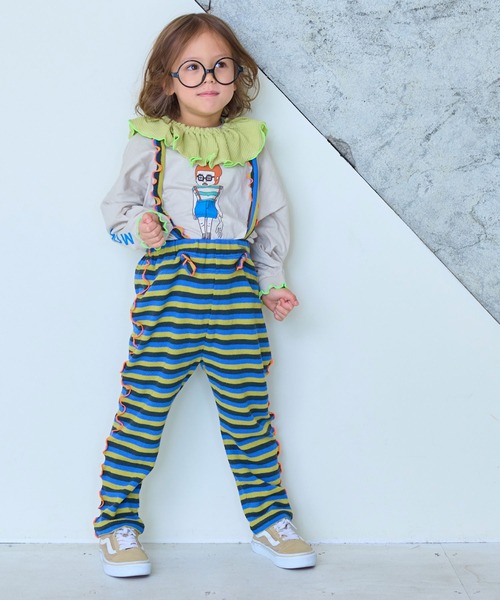 MARKEY'S(マーキーズ)の「パイルボーダーメロー2wayサロペット(サロペット/オーバーオール・キッズ・イエロー系その他/ピンク系その他/ライトグリーン・110/100/90/80/120)」の1枚目の写真