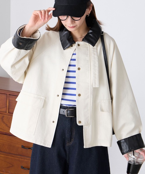 BONLECILL（ボンルシール）の「2wayデニム/ツイル 異素材襟カバーオール（カバーオール・レディース・ネイビー/ベージュ/ブラウン/ブラック/アイボリー・FREE）」の2枚目の写真