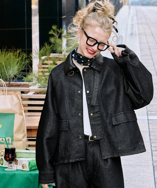 BONLECILL（ボンルシール）の「2wayデニム/ツイル 異素材襟カバーオール（カバーオール・レディース・ネイビー/ベージュ/ブラウン/ブラック/アイボリー・FREE）」の3枚目の写真