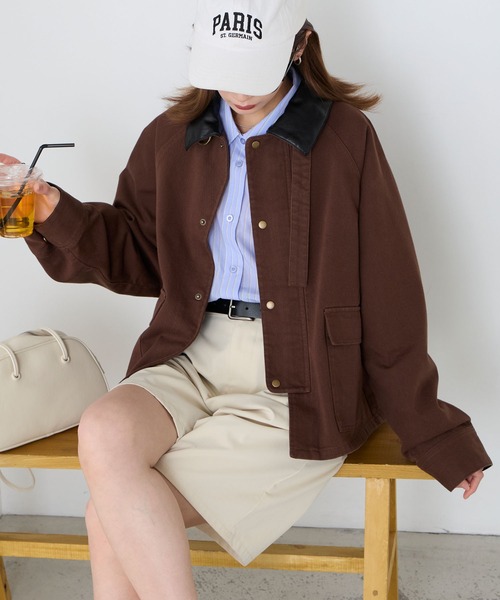 BONLECILL（ボンルシール）の「2wayデニム/ツイル 異素材襟カバーオール（カバーオール・レディース・ネイビー/ベージュ/ブラウン/ブラック/アイボリー・FREE）」の14枚目の写真