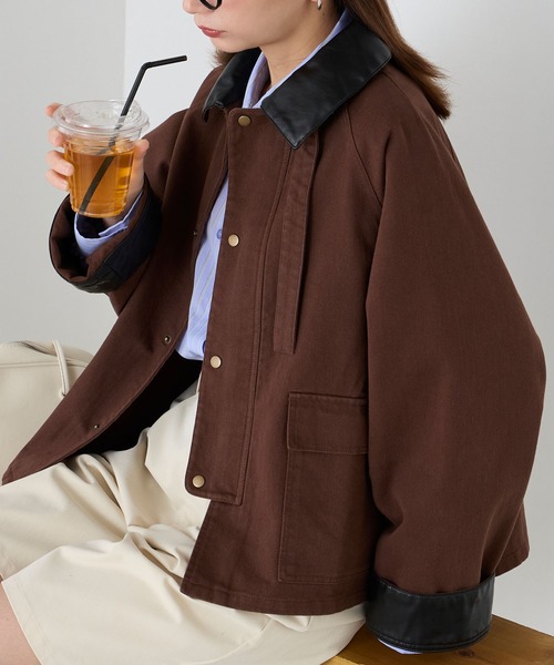 BONLECILL（ボンルシール）の「2wayデニム/ツイル 異素材襟カバーオール（カバーオール・レディース・ネイビー/ベージュ/ブラウン/ブラック/アイボリー・FREE）」の18枚目の写真