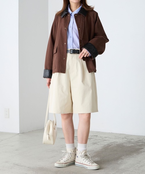 BONLECILL（ボンルシール）の「2wayデニム/ツイル 異素材襟カバーオール（カバーオール・レディース・ネイビー/ベージュ/ブラウン/ブラック/アイボリー・FREE）」の20枚目の写真