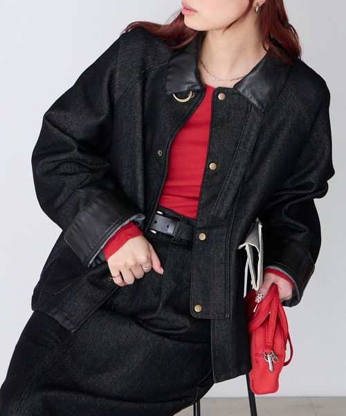 BONLECILL（ボンルシール）の「2wayデニム/ツイル 異素材襟カバーオール（カバーオール・レディース・ネイビー/ベージュ/ブラウン/ブラック/アイボリー・FREE）」の6枚目の写真