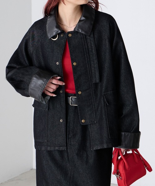 BONLECILL（ボンルシール）の「2wayデニム/ツイル 異素材襟カバーオール（カバーオール・レディース・ネイビー/ベージュ/ブラウン/ブラック/アイボリー・FREE）」の10枚目の写真