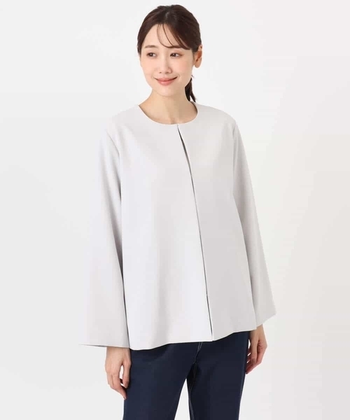 MK MICHEL KLEIN（エムケーミッシェルクラン）の「ダブルクロス テントラインノーカラージャケット/セットアップ対応/防シワ/ストレッチ/洗える（ノーカラージャケット・レディース・グレイッシュベージュ/ネイビー・38）」の18枚目の写真