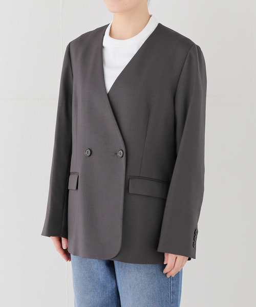 JOURNAL STANDARD relume（ジャーナルスタンダード　レリューム）の「ダブルフロントノーカラージャケット（ノーカラージャケット・レディース・チャコールグレー/ベージュ・38/36）」の3枚目の写真