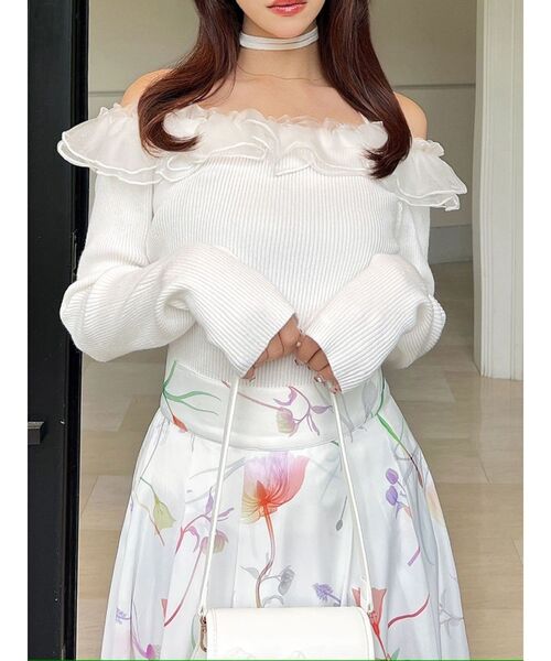 RESEXXY（リゼクシー）の「シアーコンビオフショルニットトップス（ニット/セーター・レディース・ホワイト/ブラック/ラベンダー・FREE）」の2枚目の写真