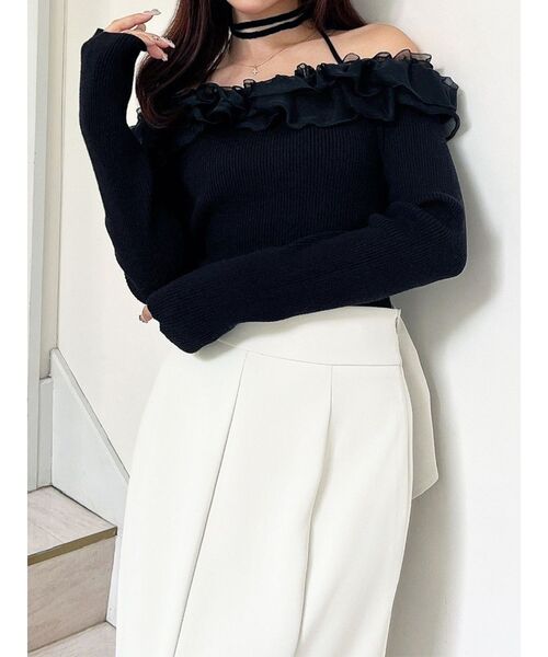 RESEXXY（リゼクシー）の「シアーコンビオフショルニットトップス（ニット/セーター・レディース・ホワイト/ブラック/ラベンダー・FREE）」の3枚目の写真