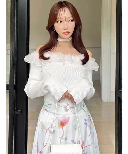 RESEXXY（リゼクシー）の「シアーコンビオフショルニットトップス（ニット/セーター・レディース・ホワイト/ブラック/ラベンダー・FREE）」の12枚目の写真