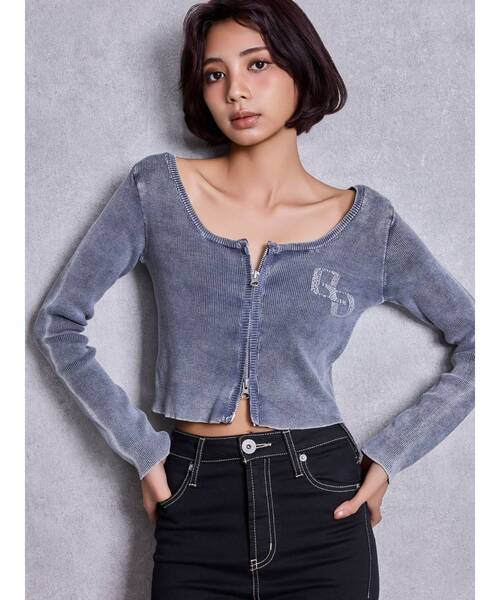 GYDA(ジェイダ)の「GG bijou ZIPブリーチニットショートトップス(ニット/セーター・レディース・ブラック/ネイビー/ピンク/オフホワイト・FREE)」の4枚目の写真