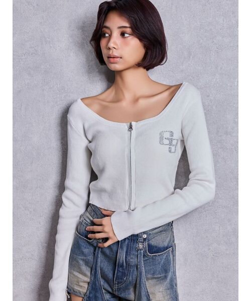 GYDA(ジェイダ)の「GG bijou ZIPブリーチニットショートトップス(ニット/セーター・レディース・ブラック/ネイビー/ピンク/オフホワイト・FREE)」の2枚目の写真