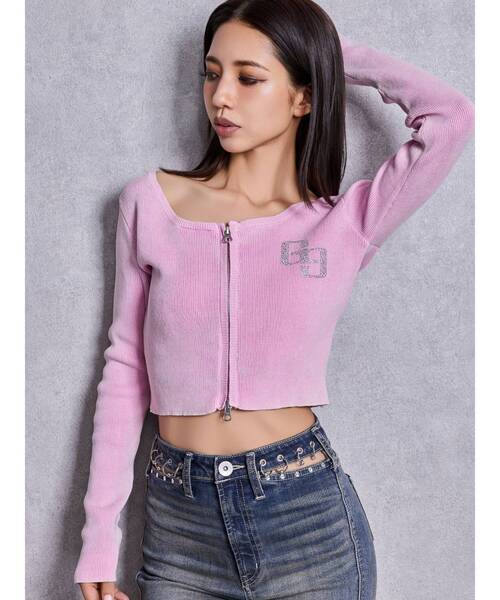 GYDA(ジェイダ)の「GG bijou ZIPブリーチニットショートトップス(ニット/セーター・レディース・ブラック/ネイビー/ピンク/オフホワイト・FREE)」の1枚目の写真