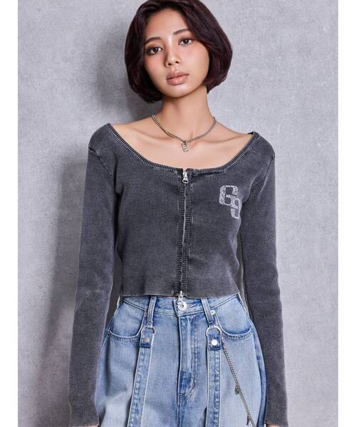 GYDA(ジェイダ)の「GG bijou ZIPブリーチニットショートトップス(ニット/セーター・レディース・ブラック/ネイビー/ピンク/オフホワイト・FREE)」の3枚目の写真