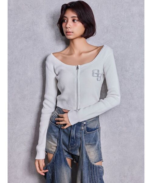 GYDA(ジェイダ)の「GG bijou ZIPブリーチニットショートトップス(ニット/セーター・レディース・ブラック/ネイビー/ピンク/オフホワイト・FREE)」の8枚目の写真