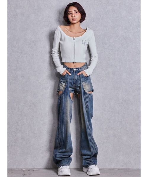 GYDA(ジェイダ)の「GG bijou ZIPブリーチニットショートトップス(ニット/セーター・レディース・ブラック/ネイビー/ピンク/オフホワイト・FREE)」の10枚目の写真