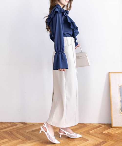 CLEAR BASIC（クリアベーシック）の「ボウタイリボンフリルブラウス[オフィスカジュアル 着回し抜群 大人]≪新作≫（シャツ/ブラウス・レディース・サックスブルー/オフホワイト/ネイビー・F）」の11枚目の写真