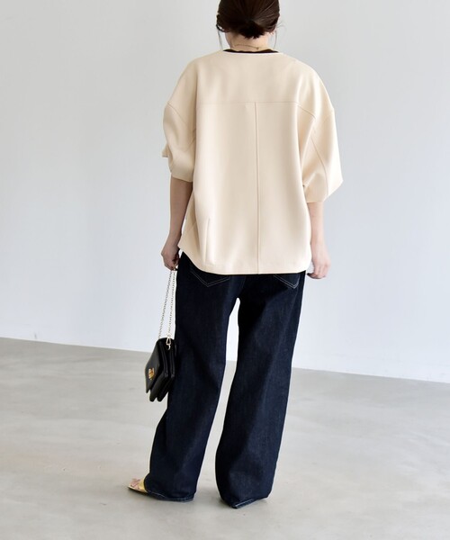 quaranciel(カランシエル)の「quaranciel:〈洗濯機可能〉ダンボール ノーカラー コンパクト ブルゾン(ブルゾン・レディース・ネイビー/ベージュ/カーキ・ONE SIZE)」の9枚目の写真