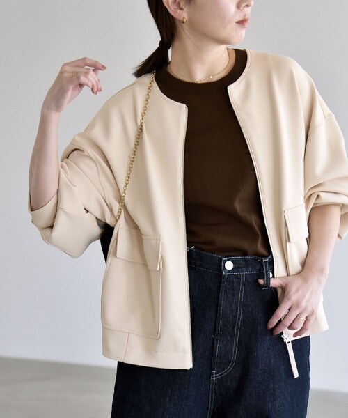 quaranciel(カランシエル)の「quaranciel:〈洗濯機可能〉ダンボール ノーカラー コンパクト ブルゾン(ブルゾン・レディース・ネイビー/ベージュ/カーキ・ONE SIZE)」の12枚目の写真