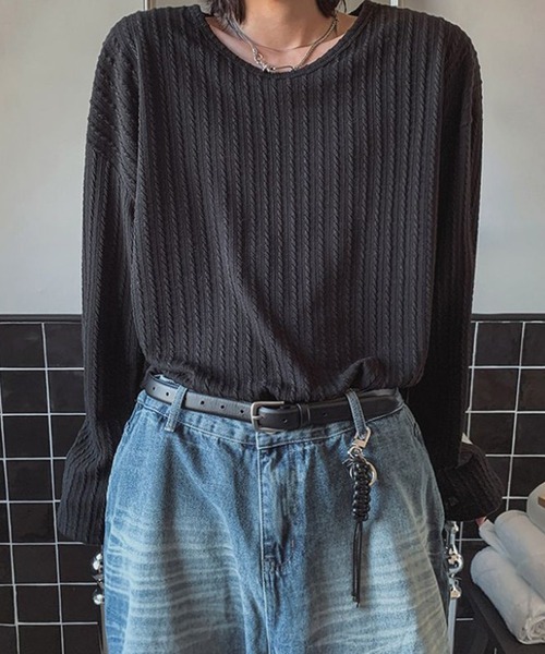 WESTBOY（ウエストボーイ）の「ユニセックス エンボスストライプ ルーズロングスリーブカットソーTシャツ WO26S2TP02（Tシャツ/カットソー・メンズ・ブラック・L/M/XL）」の3枚目の写真