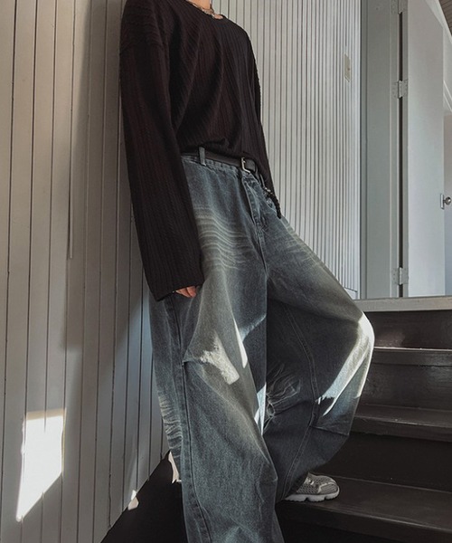 WESTBOY（ウエストボーイ）の「ユニセックス エンボスストライプ ルーズロングスリーブカットソーTシャツ WO26S2TP02（Tシャツ/カットソー・メンズ・ブラック・L/M/XL）」の6枚目の写真