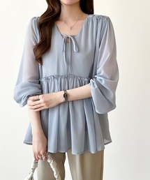 COCOMOMO（ココモモ）の「ふんわり今っぽフェミニン。 ペプラムチュニック フリル チュニック フレア ブラウス リボン 長袖 春服 夏服（チュニック）」