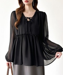 COCOMOMO（ココモモ）の「ふんわり今っぽフェミニン。 ペプラムチュニック フリル チュニック フレア ブラウス リボン 長袖 春服 夏服（チュニック）」